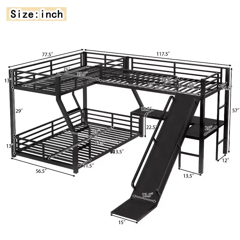 Letto a Castello a L da Una Piazza e Mezza con Letto a Soppalco da Una Piazza, Letto a Castello Triplo in Metallo con Scivolo e Porte USB, Nero