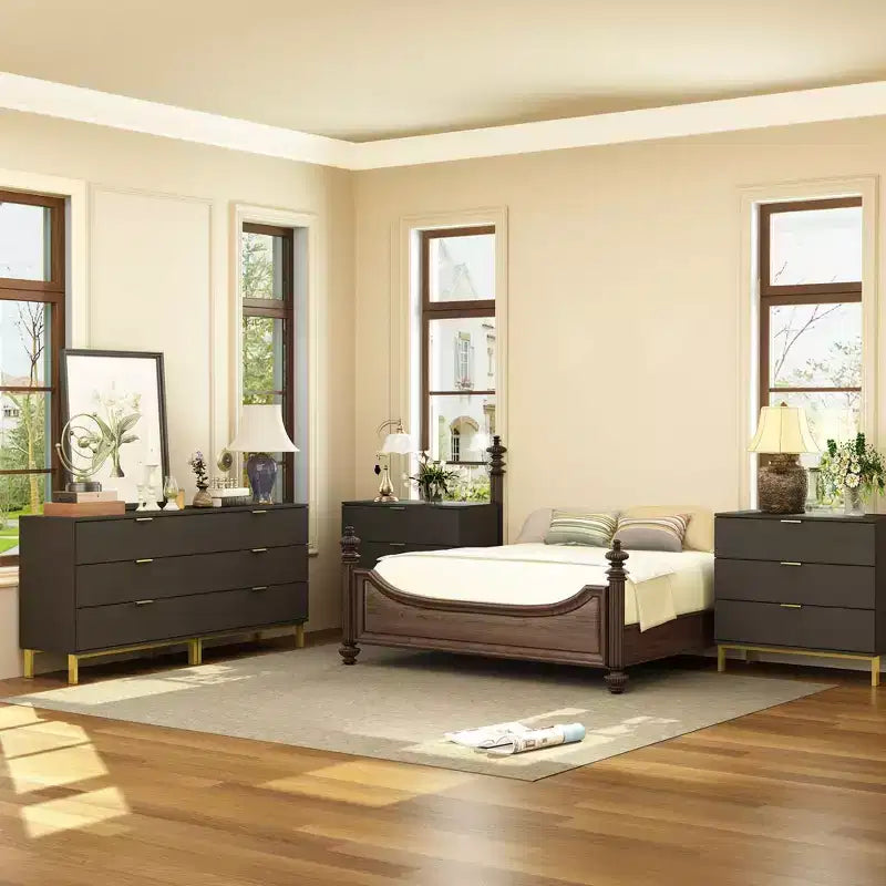 Comodino grande con 3 cassetti e dettagli in metallo dorato | MDF bianco
