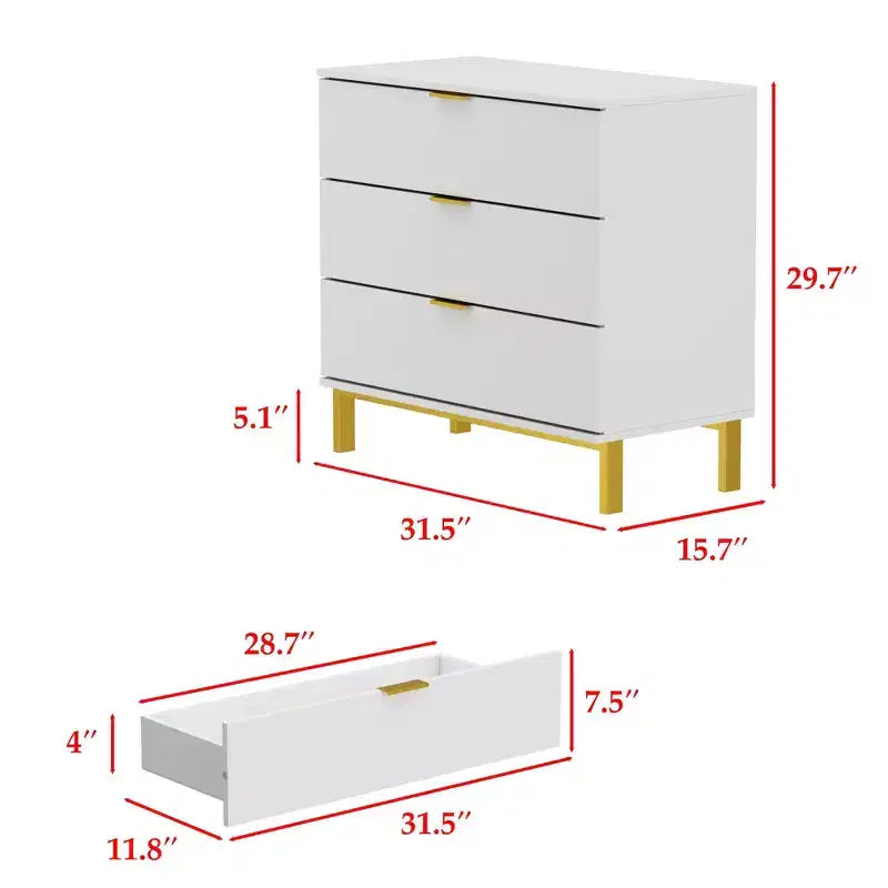 Comodino grande con 3 cassetti e dettagli in metallo dorato | MDF bianco