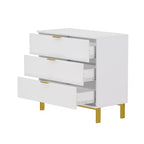 Comodino grande con 3 cassetti e dettagli in metallo dorato | MDF bianco