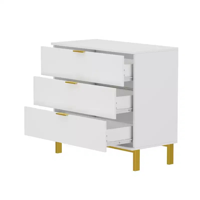 Comodino grande con 3 cassetti e dettagli in metallo dorato | MDF bianco