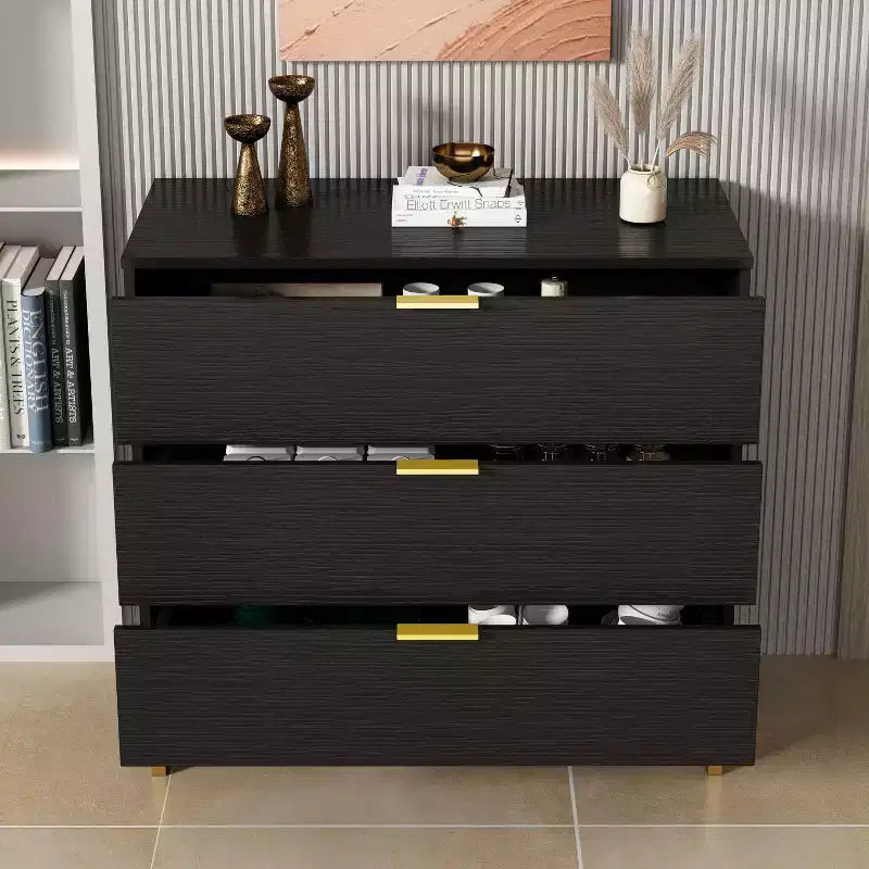 Comodino grande con 3 cassetti e dettagli in metallo dorato | MDF bianco