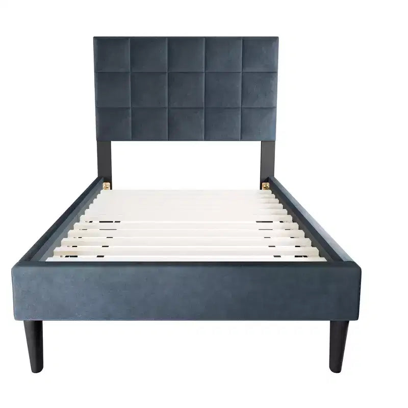 Letto a piattaforma singolo imbottito in velluto con doghe in legno | Letto singolo moderno
