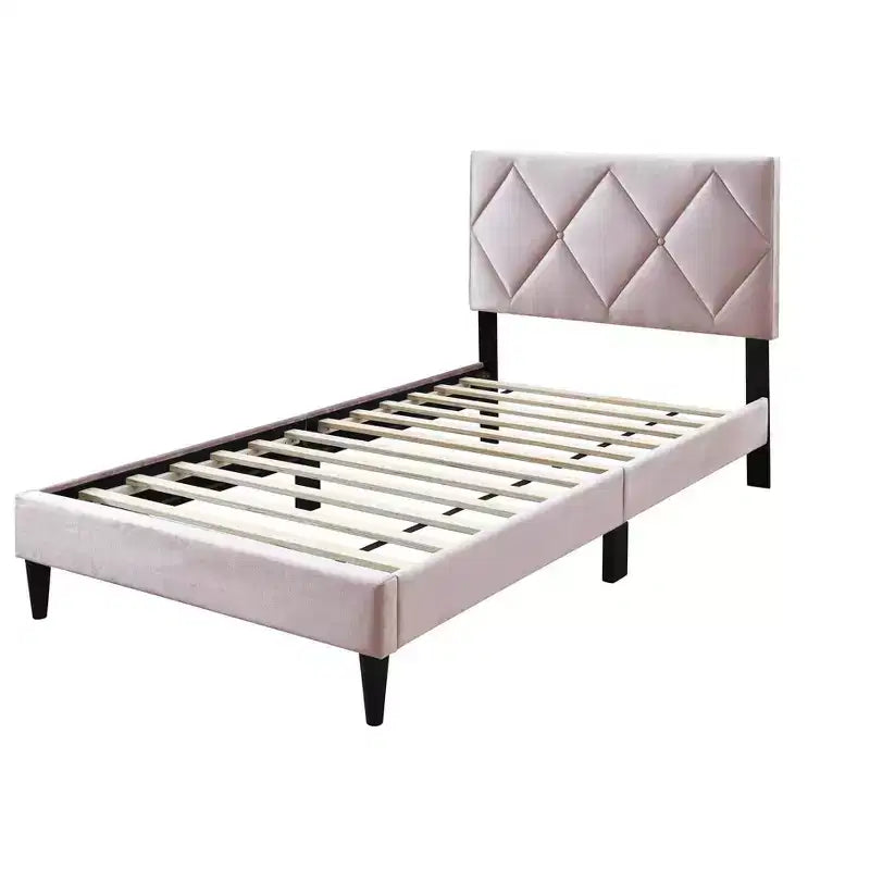 Letto a piattaforma singolo imbottito in velluto con doghe in legno | Letto singolo moderno