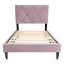 Letto a piattaforma singolo imbottito in velluto con doghe in legno | Letto singolo moderno