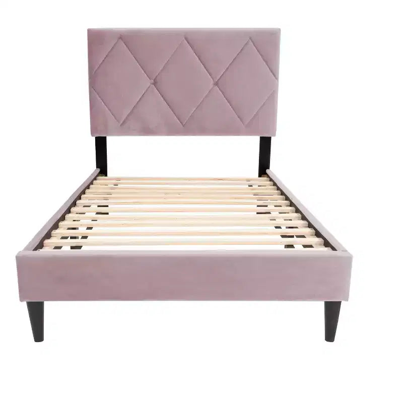 Letto a piattaforma singolo imbottito in velluto con doghe in legno | Letto singolo moderno