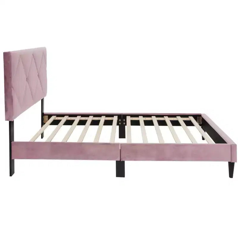 Letto a piattaforma singolo imbottito in velluto con doghe in legno | Letto singolo moderno