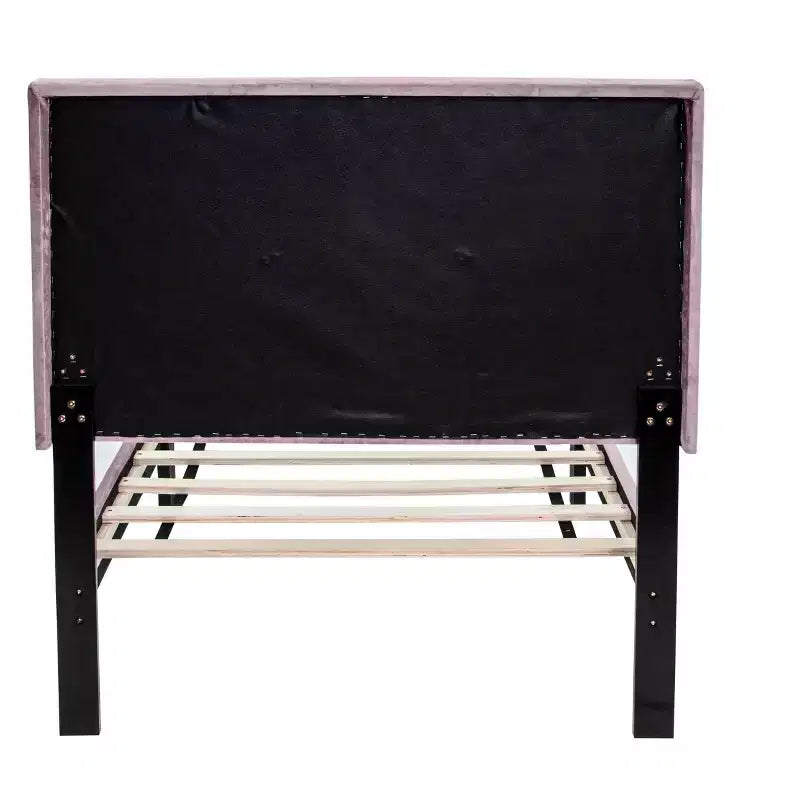 Letto a piattaforma singolo imbottito in velluto con doghe in legno | Letto singolo moderno