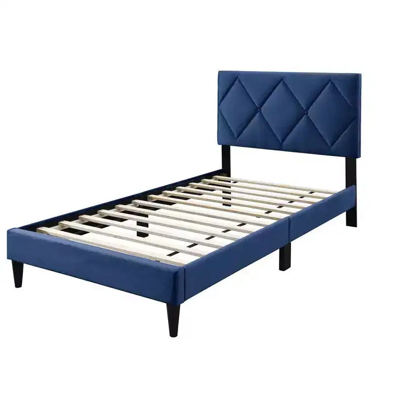 Letto a piattaforma singolo imbottito in velluto con doghe in legno | Letto singolo moderno
