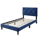 Letto a piattaforma singolo imbottito in velluto con doghe in legno | Letto singolo moderno