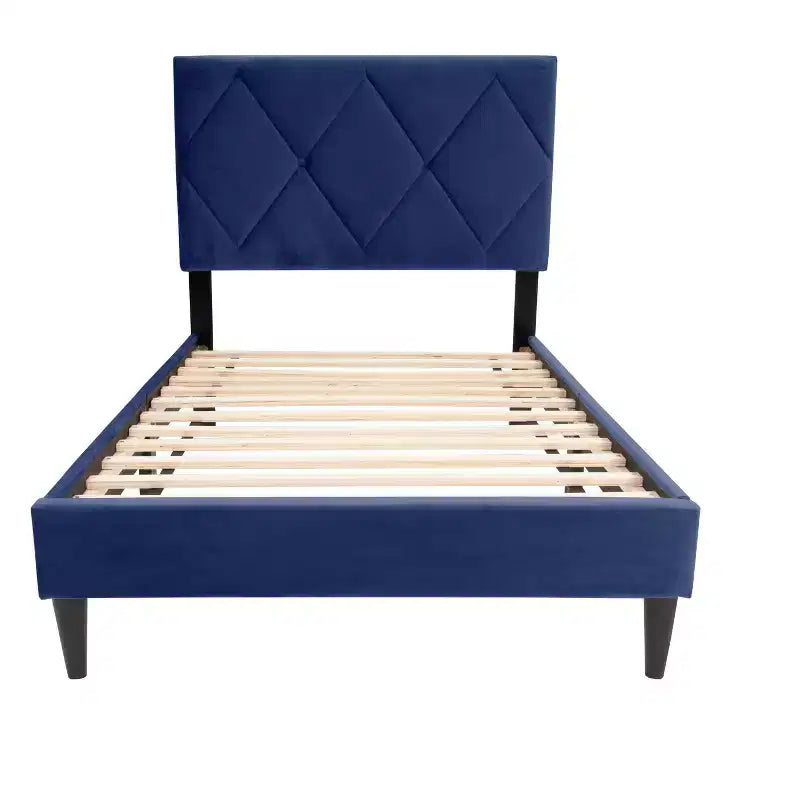 Letto a piattaforma singolo imbottito in velluto con doghe in legno | Letto singolo moderno