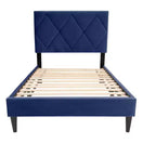 Letto a piattaforma singolo imbottito in velluto con doghe in legno | Letto singolo moderno