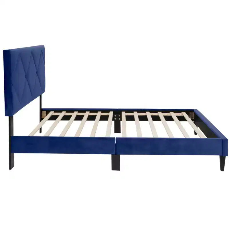 Letto a piattaforma singolo imbottito in velluto con doghe in legno | Letto singolo moderno