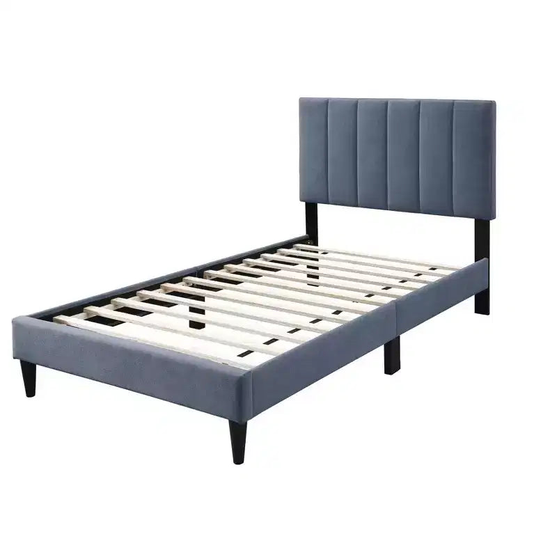 Letto a piattaforma singolo imbottito in velluto con doghe in legno | Letto singolo moderno