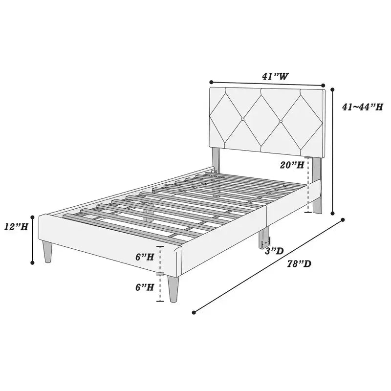 Letto a piattaforma singolo imbottito in velluto con doghe in legno | Letto singolo moderno