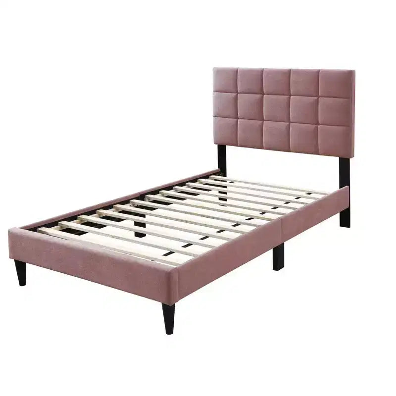 Letto a piattaforma singolo imbottito in velluto con doghe in legno | Letto singolo moderno