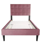 Letto a piattaforma singolo imbottito in velluto con doghe in legno | Letto singolo moderno
