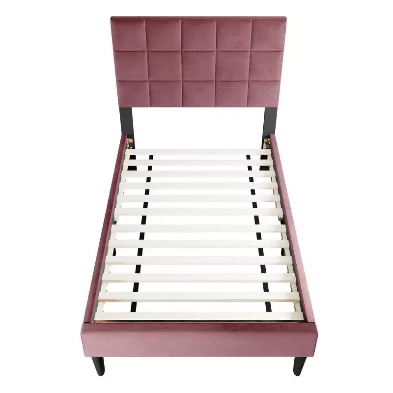 Letto a piattaforma singolo imbottito in velluto con doghe in legno | Letto singolo moderno