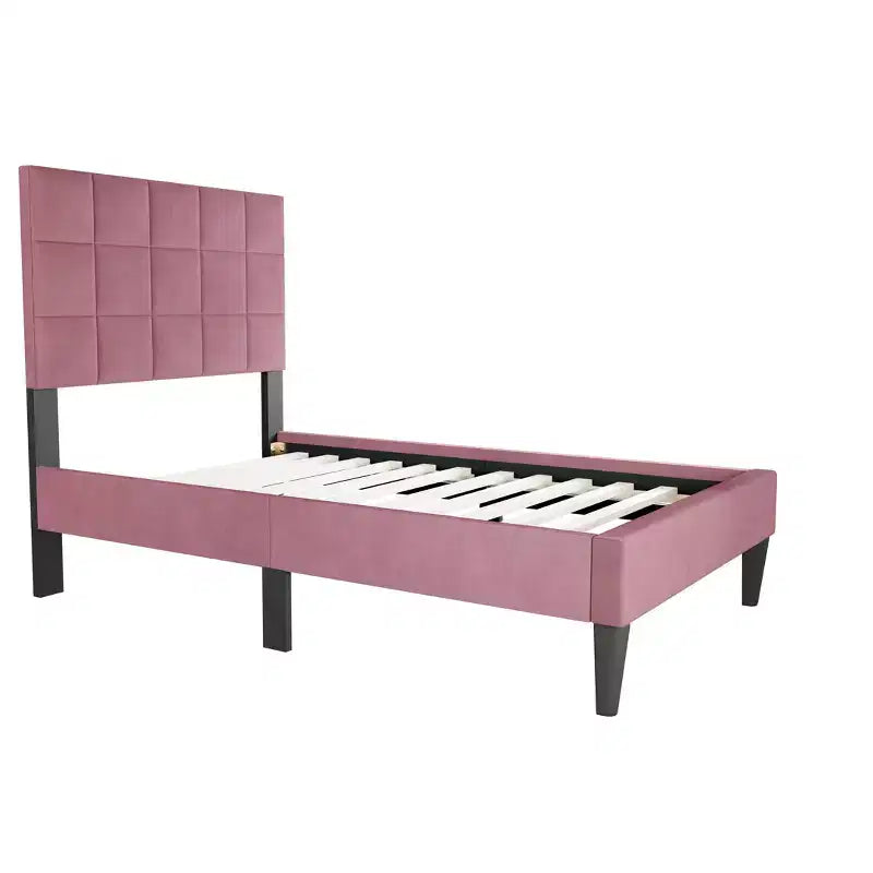 Letto a piattaforma singolo imbottito in velluto con doghe in legno | Letto singolo moderno