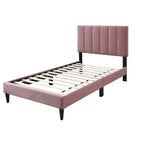 Letto a piattaforma singolo imbottito in velluto con doghe in legno | Letto singolo moderno