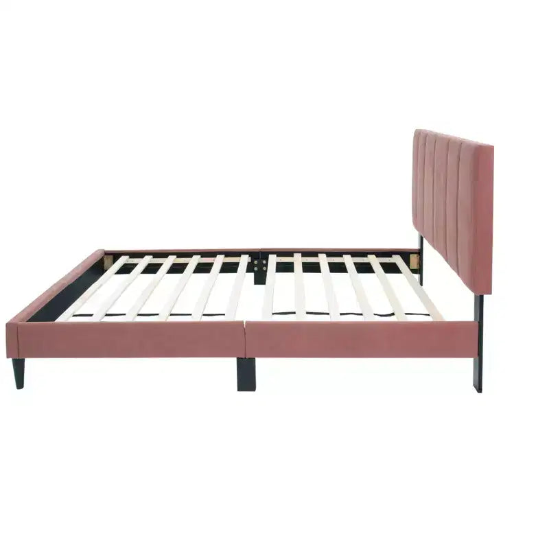 Letto a piattaforma singolo imbottito in velluto con doghe in legno | Letto singolo moderno