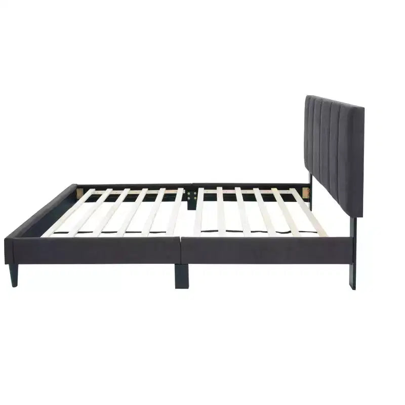 Letto a piattaforma singolo imbottito in velluto con doghe in legno | Letto singolo moderno