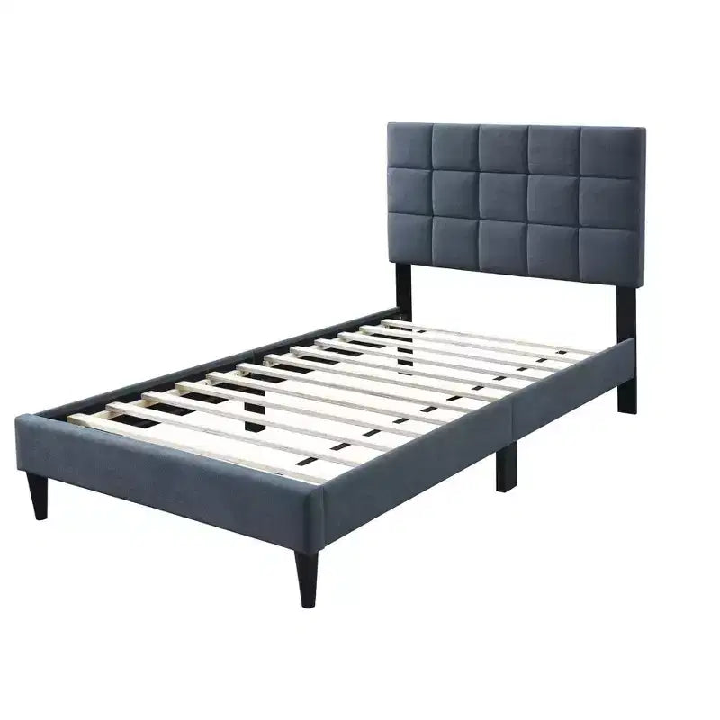 Letto a piattaforma singolo imbottito in velluto con doghe in legno | Letto singolo moderno
