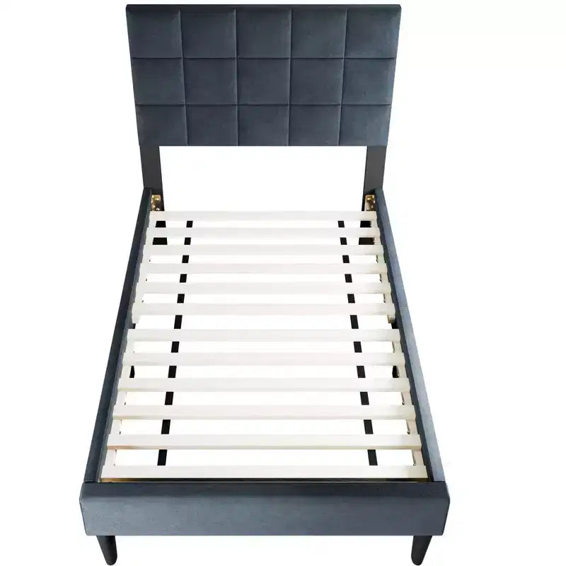 Letto a piattaforma singolo imbottito in velluto con doghe in legno | Letto singolo moderno