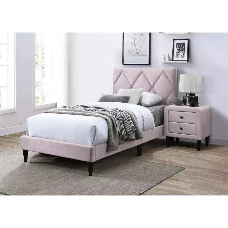 Letto a piattaforma singolo imbottito in velluto con doghe in legno | Letto singolo moderno