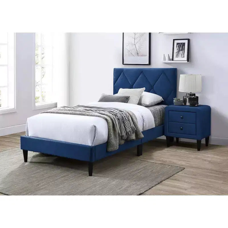 Letto a piattaforma singolo imbottito in velluto con doghe in legno | Letto singolo moderno