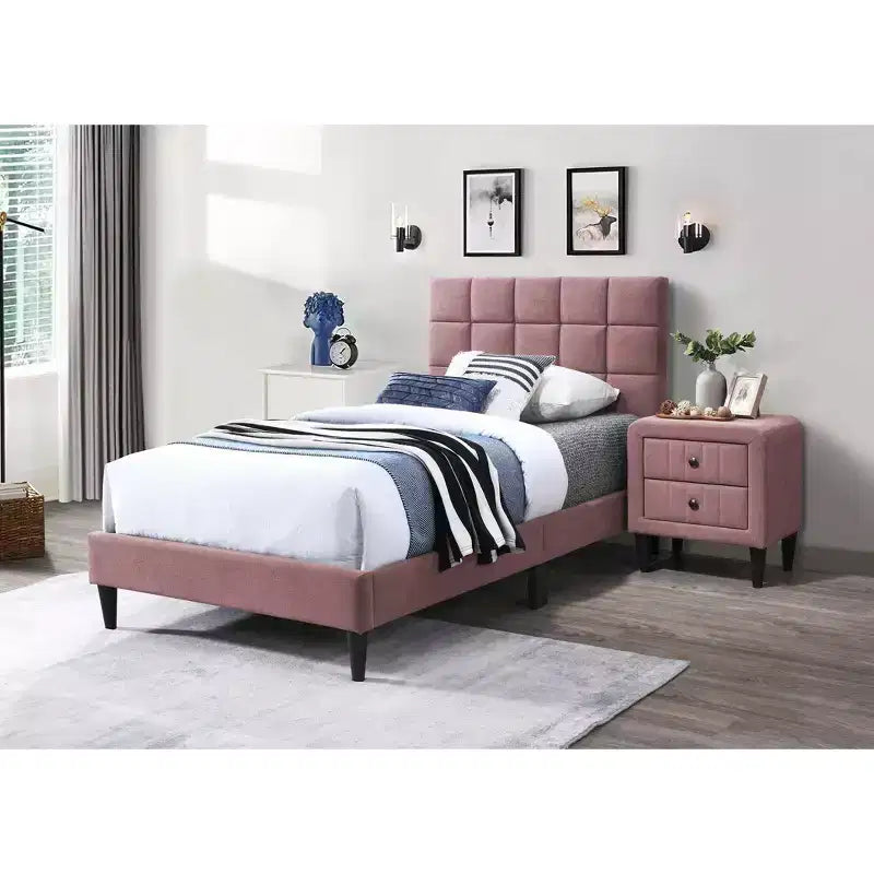 Letto a piattaforma singolo imbottito in velluto con doghe in legno | Letto singolo moderno