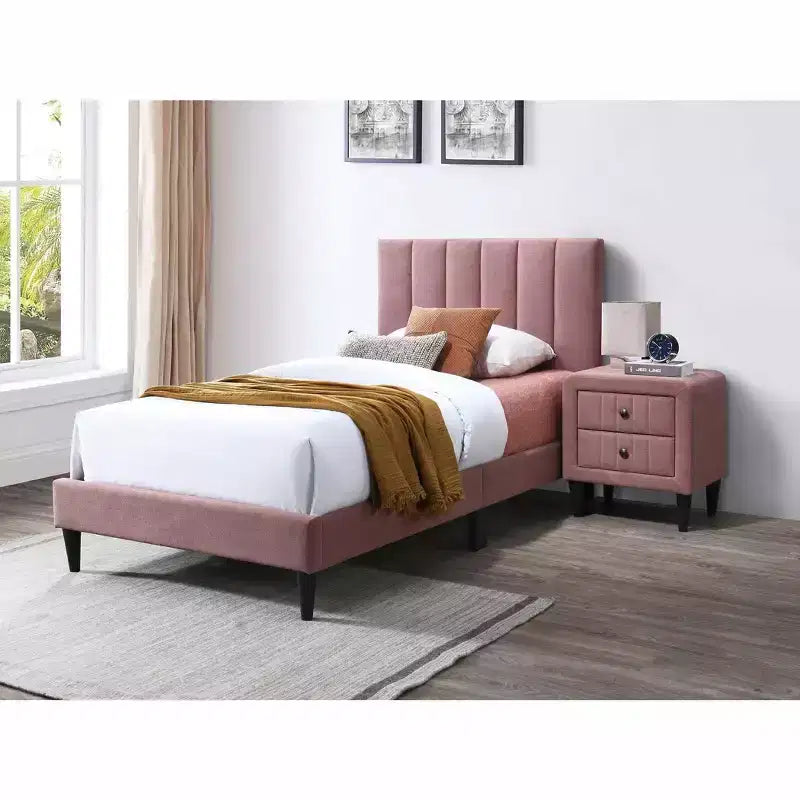 Letto a piattaforma singolo imbottito in velluto con doghe in legno | Letto singolo moderno