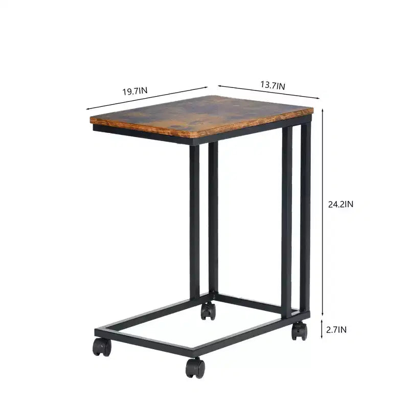Tavolino laterale a C con ruote piroettanti | MDF marrone rustico e telaio in metallo nero