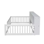 Letto a pavimento in legno Twin XL con armadietti e porte USB, letto a pavimento Montessori per bambini con recinzione