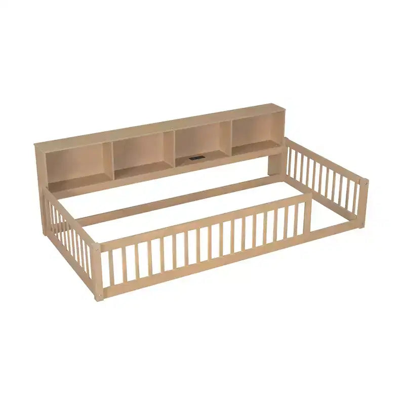 Letto a pavimento in legno Twin XL con armadietti e porte USB, letto a pavimento Montessori per bambini con recinzione
