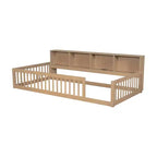 Letto a pavimento in legno Twin XL con armadietti e porte USB, letto a pavimento Montessori per bambini con recinzione