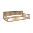 Letto a pavimento in legno Twin XL con armadietti e porte USB, letto a pavimento Montessori per bambini con recinzione