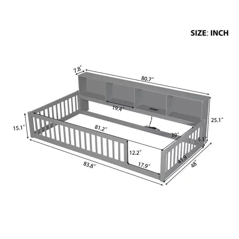 Letto a pavimento in legno Twin XL con armadietti e porte USB, letto a pavimento Montessori per bambini con recinzione
