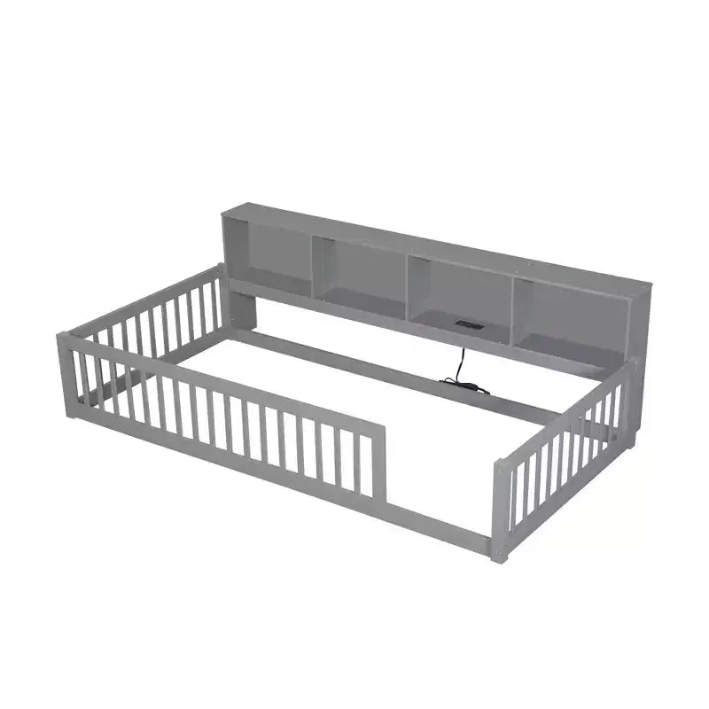 Letto a pavimento in legno Twin XL con armadietti e porte USB, letto a pavimento Montessori per bambini con recinzione