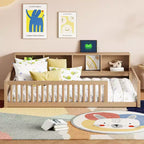 Letto a pavimento in legno Twin XL con armadietti e porte USB, letto a pavimento Montessori per bambini con recinzione