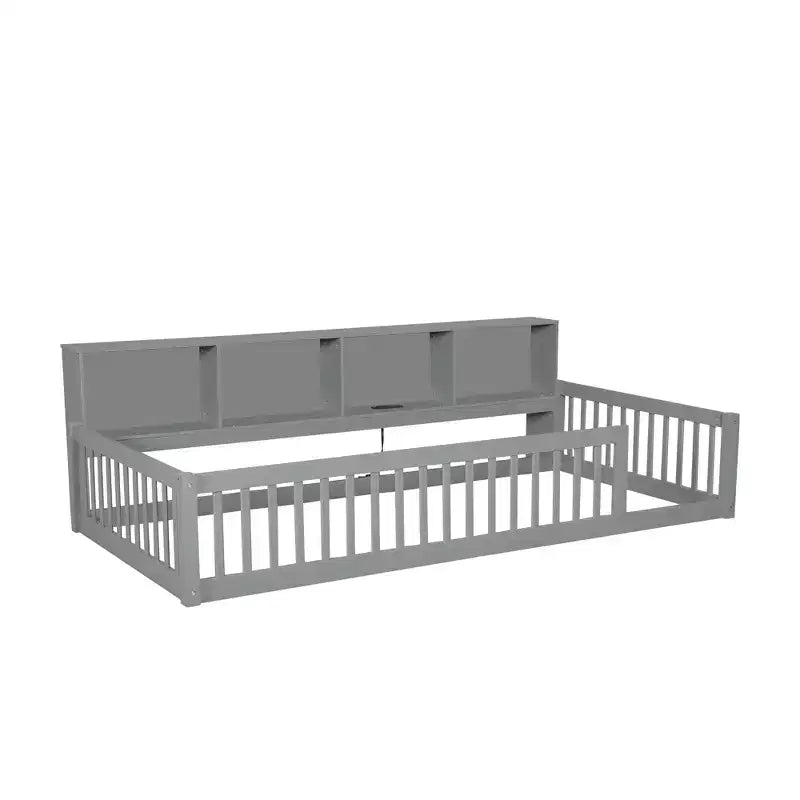 Letto a pavimento in legno Twin XL con armadietti e porte USB, letto a pavimento Montessori per bambini con recinzione