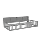 Letto a pavimento in legno Twin XL con armadietti e porte USB, letto a pavimento Montessori per bambini con recinzione