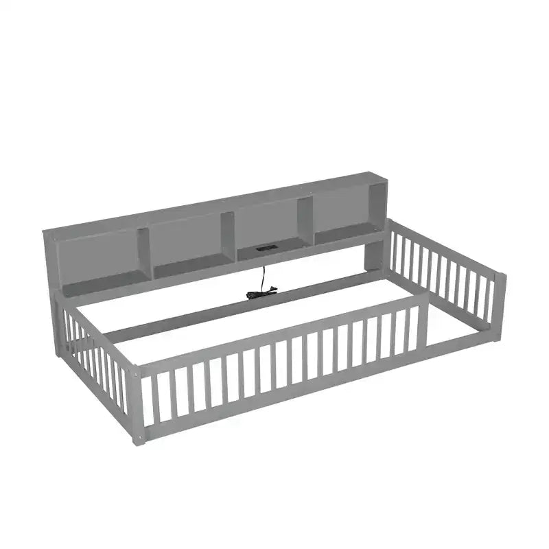 Letto a pavimento in legno Twin XL con armadietti e porte USB, letto a pavimento Montessori per bambini con recinzione