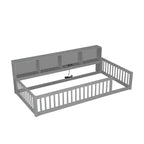 Letto a pavimento in legno Twin XL con armadietti e porte USB, letto a pavimento Montessori per bambini con recinzione