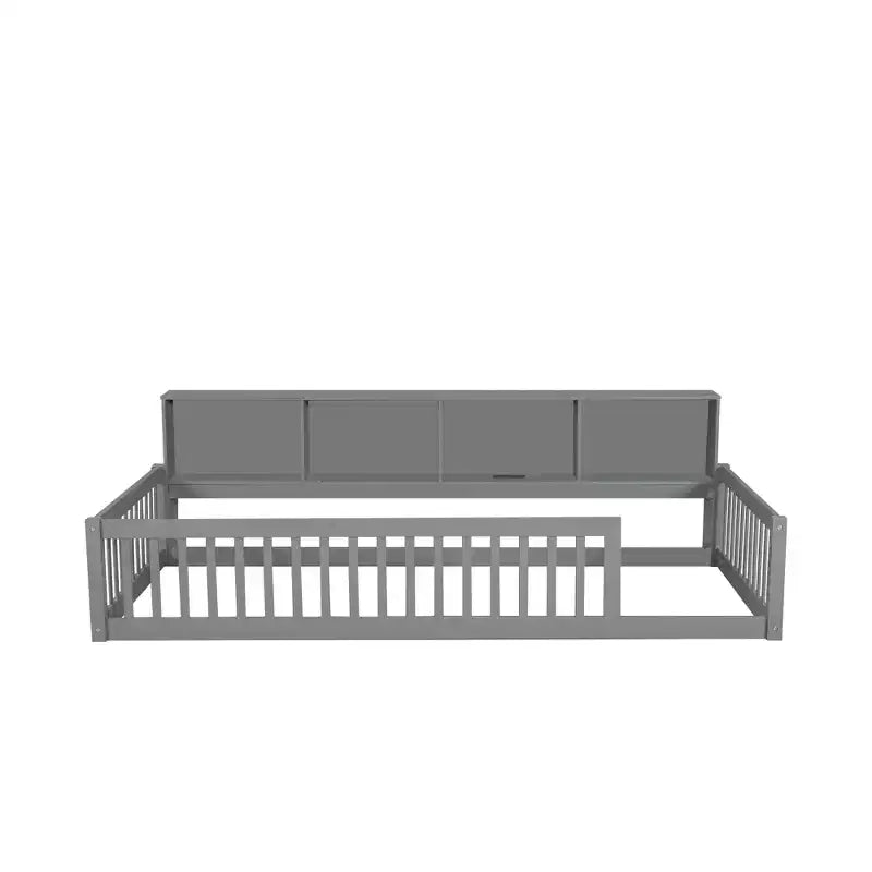 Letto a pavimento in legno Twin XL con armadietti e porte USB, letto a pavimento Montessori per bambini con recinzione