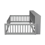 Letto a pavimento in legno Twin XL con armadietti e porte USB, letto a pavimento Montessori per bambini con recinzione