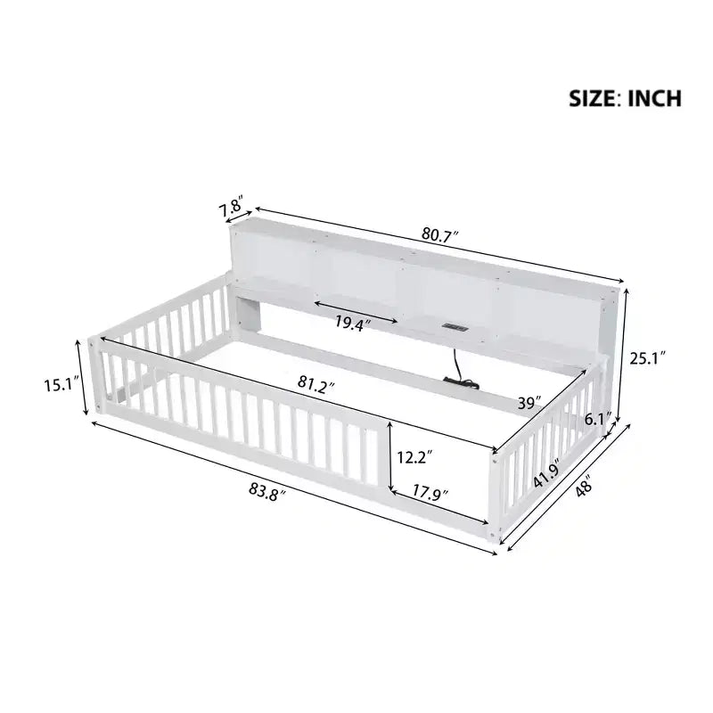 Letto a pavimento in legno Twin XL con armadietti e porte USB, letto a pavimento Montessori per bambini con recinzione