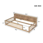 Letto a pavimento in legno Twin XL con armadietti e porte USB, letto a pavimento Montessori per bambini con recinzione