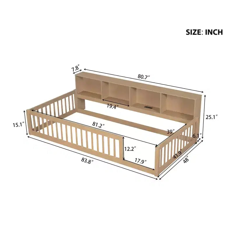 Letto a pavimento in legno Twin XL con armadietti e porte USB, letto a pavimento Montessori per bambini con recinzione