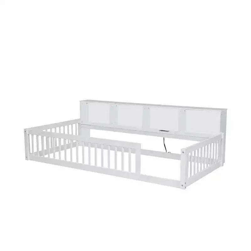 Letto a pavimento in legno Twin XL con armadietti e porte USB, letto a pavimento Montessori per bambini con recinzione